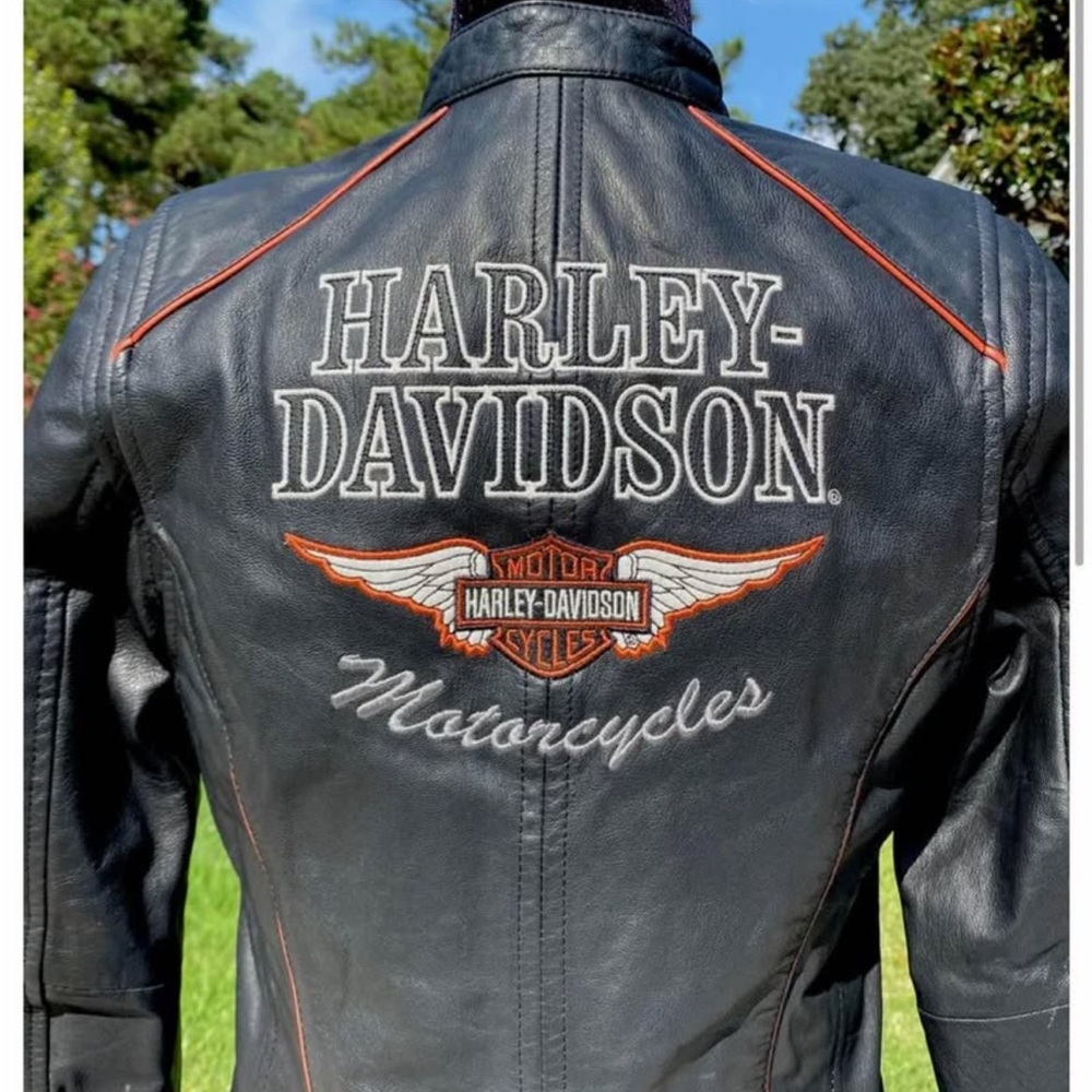 Harley-Davidson Black and Orange Leather Bomber Jacket
